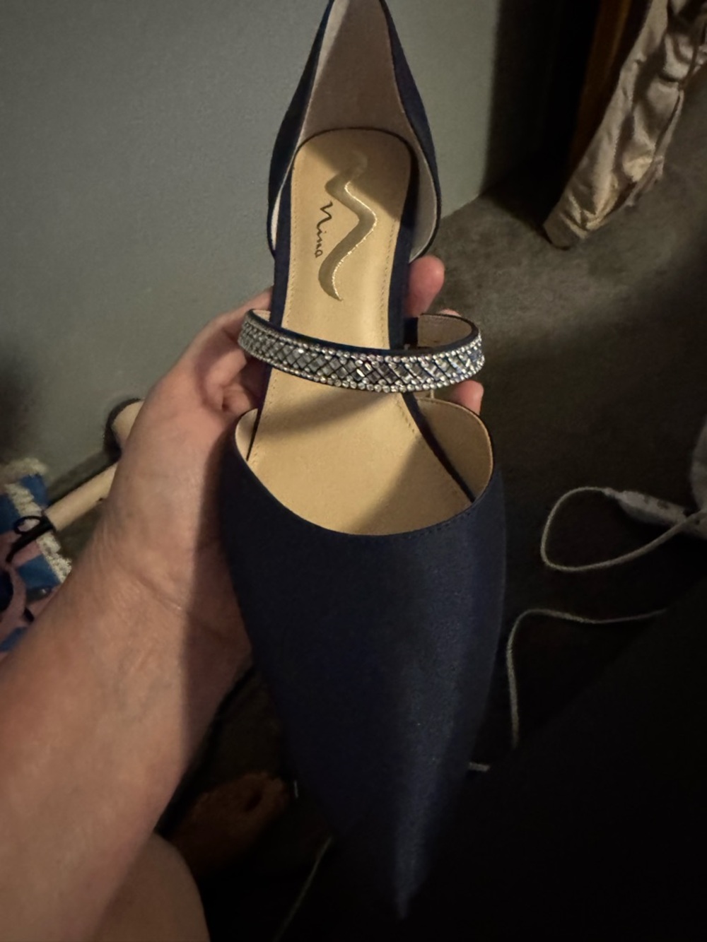 Nina Navy Satin Pointed-Toe D'Orsay Pump with Crystal Strap (Nina)